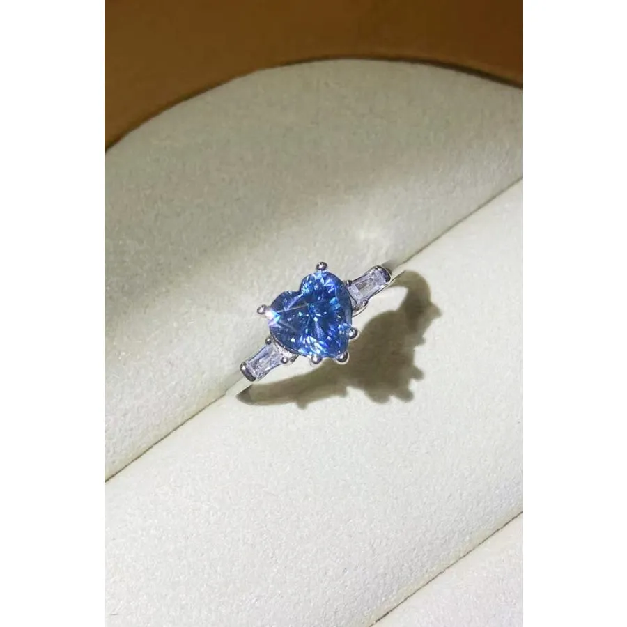 1 Carat Moissanite Heart-Shaped Platinum-Plated Ring in Blue