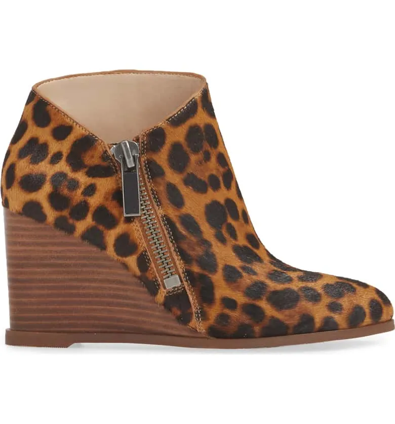 1.State Kaleb Wedge Brown Multi Leopard Ankle Bootie Mid Wedge Designer Boots