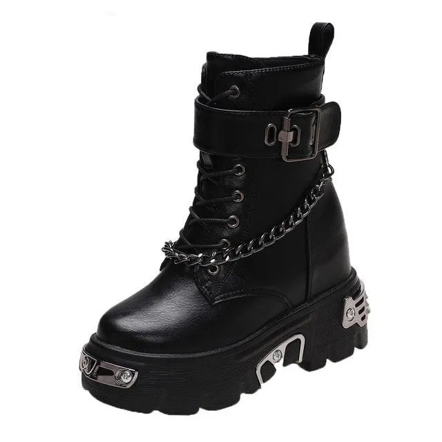 2022 New Winter Gothic Style Shoes Metal Motorcycle Boots Round Toe Chunky Punk Boots