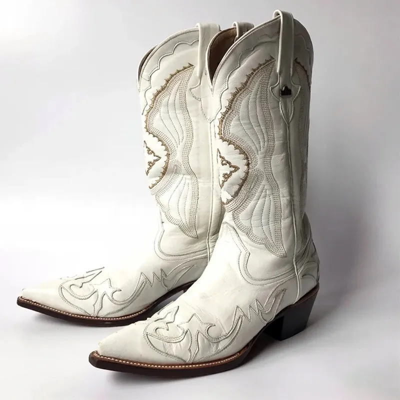 2023 luxury white spring cowgirl boots cutout embroidery pointy boots