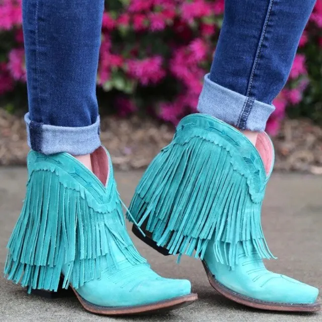 2023 Spring Autumn New Solid Ankle Boots Big Size 43 Fringe Square Heels Shoes