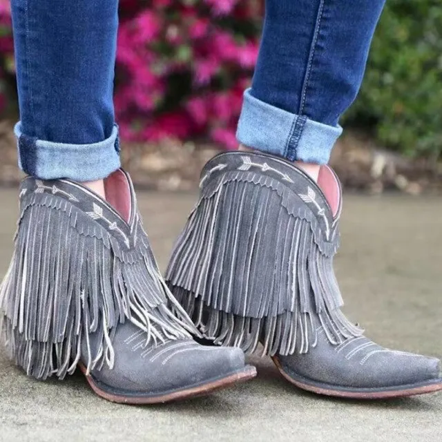 2023 Spring Autumn New Solid Ankle Boots Big Size 43 Fringe Square Heels Shoes