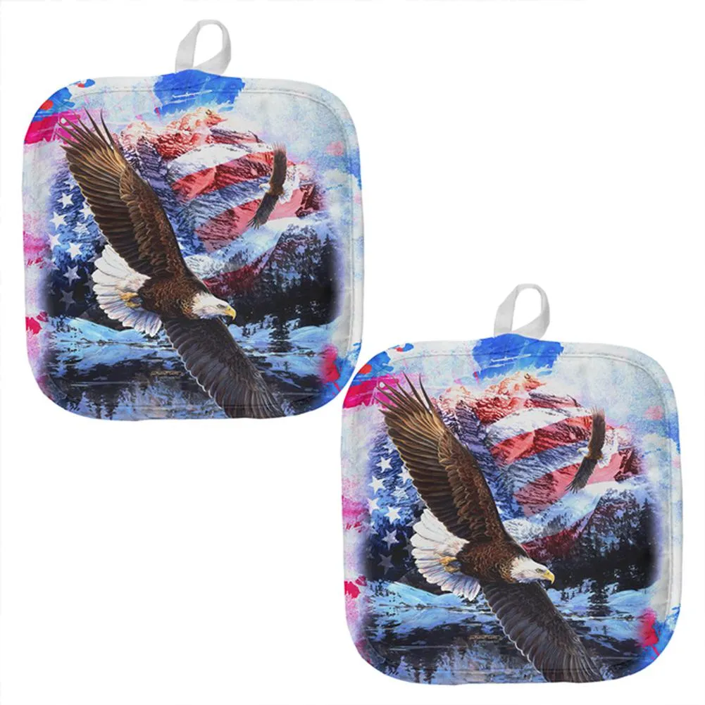 4th of July American Flag Bald Eagle Splatter All Over Pot Holder (Set of 2)