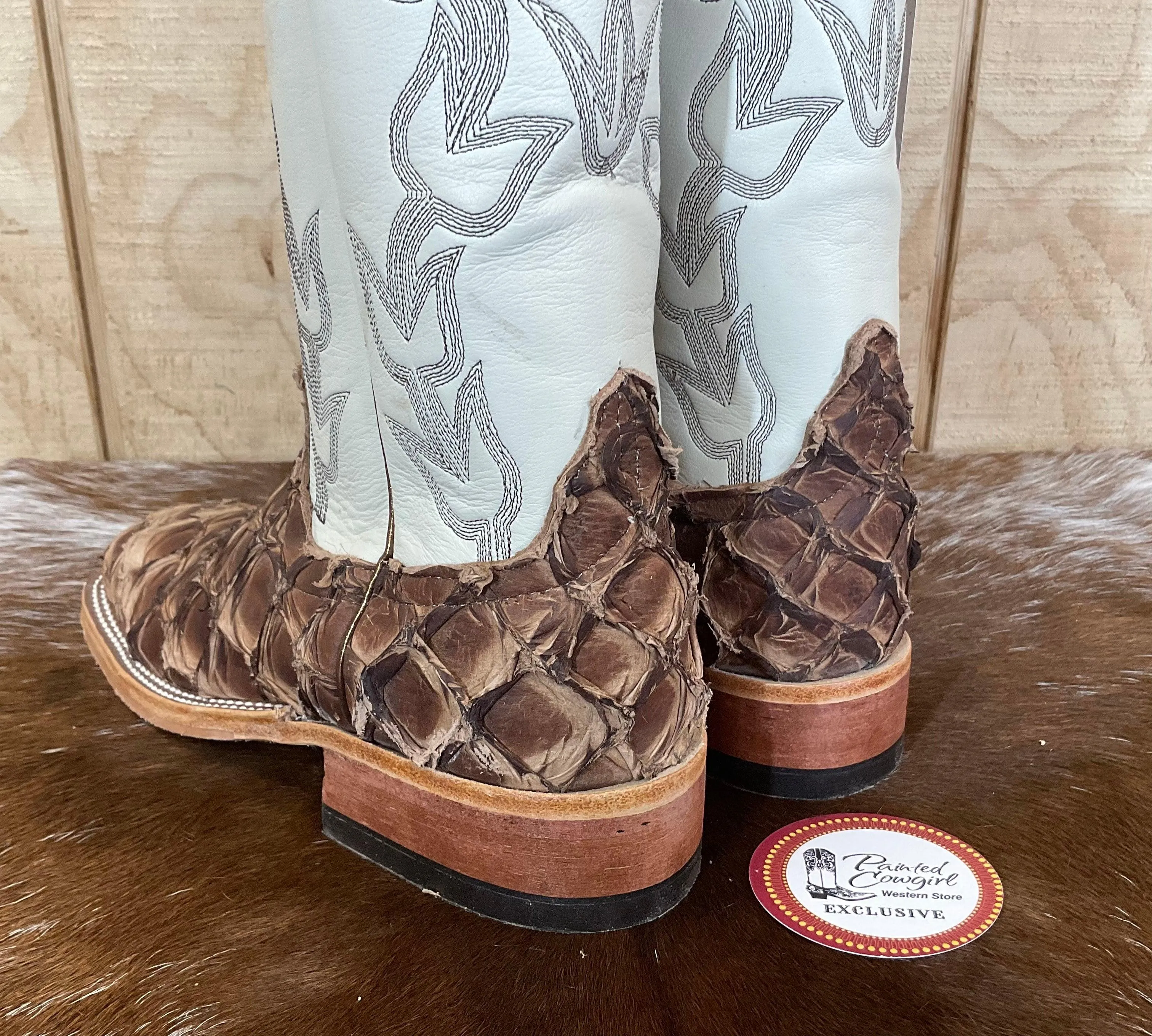 Anderson Bean Women's Brown Big Bass (Arapaima) & Bone Deerskin Cowgirl Boots 333578