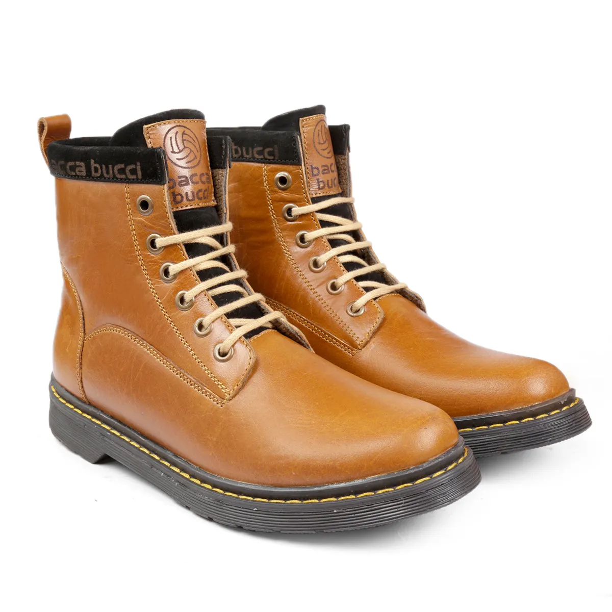 Bacca Bucci 6-Eye Genuine Smooth Leather Moto Inspired Combat Boots | High Top Ankle Boots