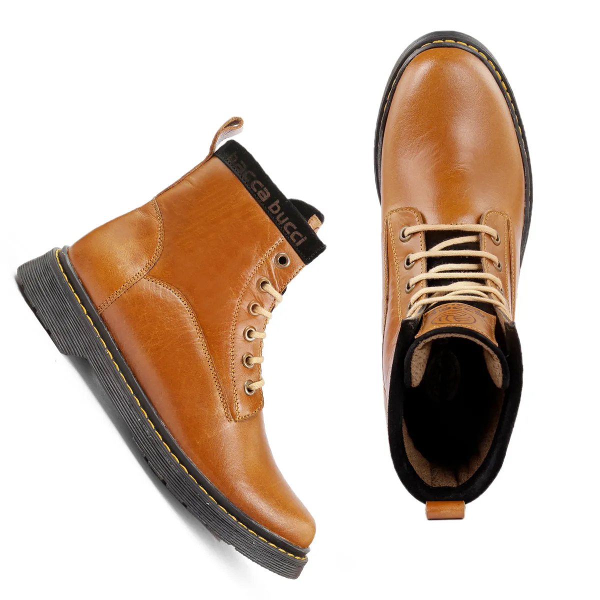 Bacca Bucci 6-Eye Genuine Smooth Leather Moto Inspired Combat Boots | High Top Ankle Boots