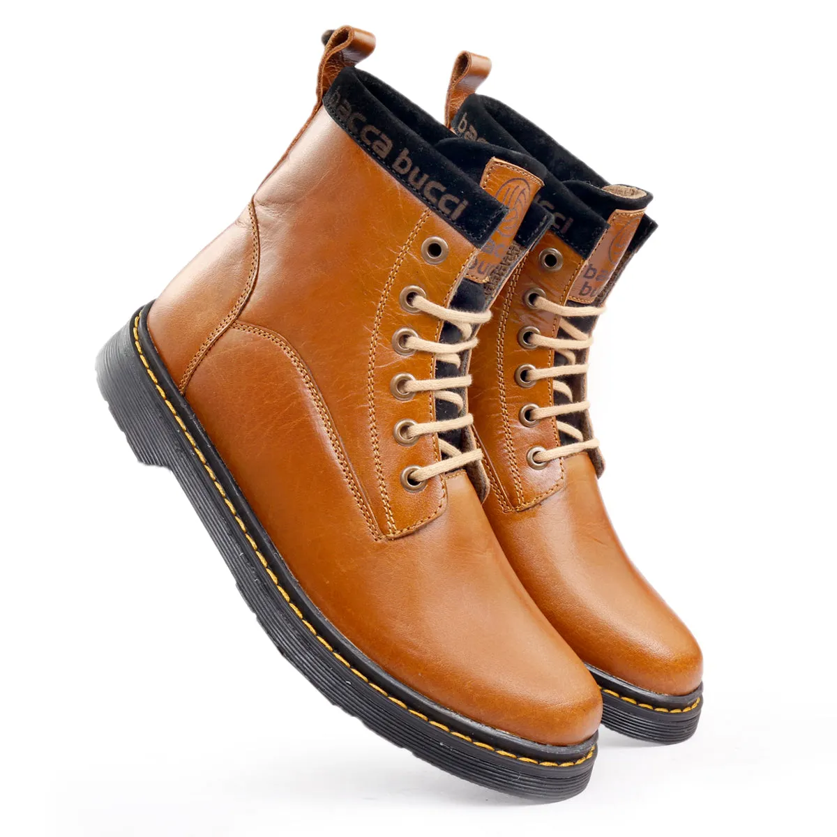 Bacca Bucci 6-Eye Genuine Smooth Leather Moto Inspired Combat Boots | High Top Ankle Boots