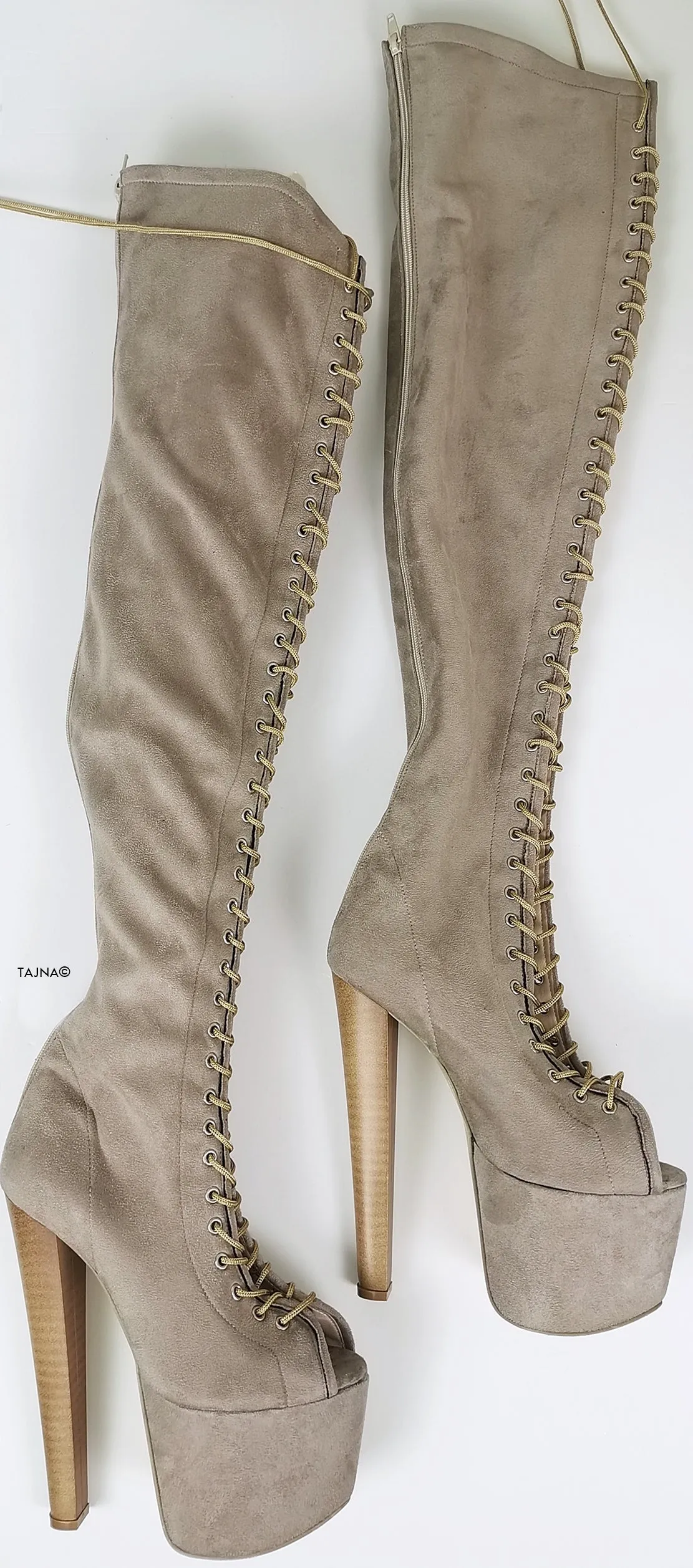 Beige Suede Gladiator Lace Up Thigh High Boots