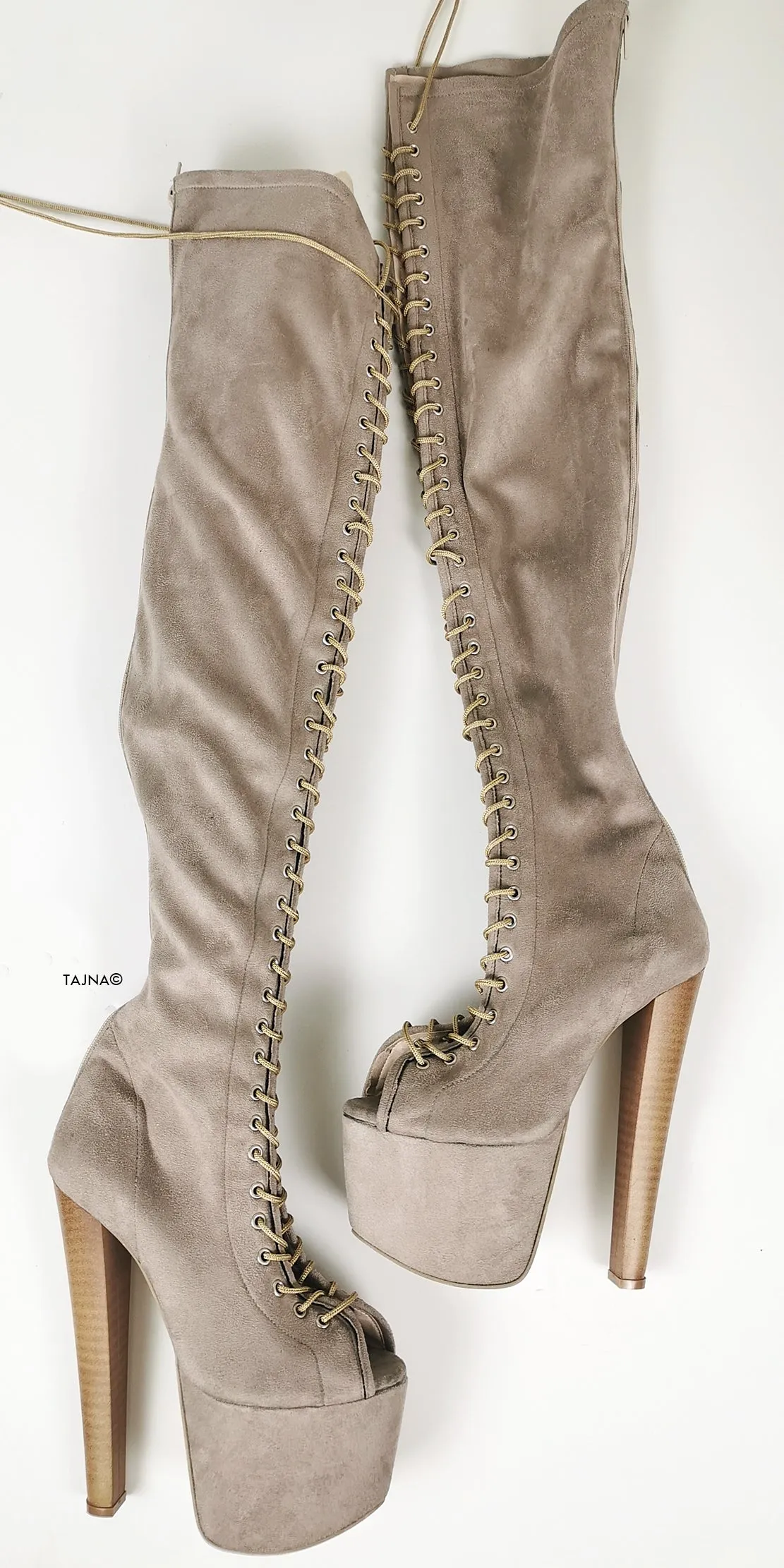 Beige Suede Gladiator Lace Up Thigh High Boots