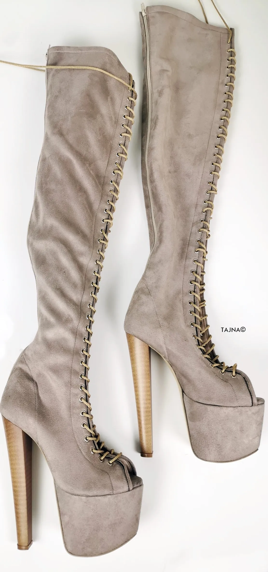 Beige Suede Gladiator Lace Up Thigh High Boots