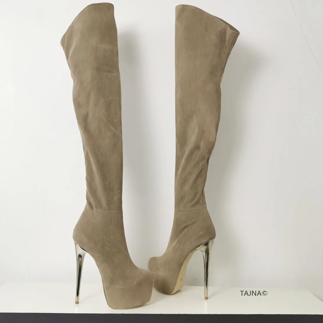 Beige Suede Long Knee High Boots