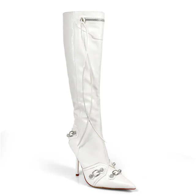 BEXIE-3/2024 White Faux Leather Boot Knee High Boot with Tassel Zipper Detail