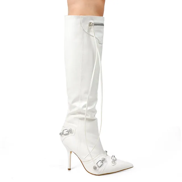 BEXIE-3/2024 White Faux Leather Boot Knee High Boot with Tassel Zipper Detail