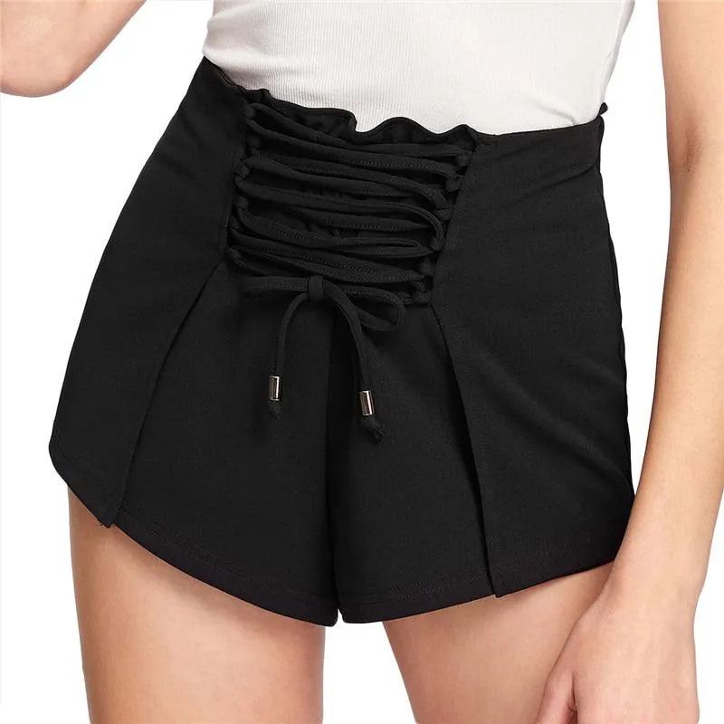 BLACK FRONT LACE-UP SHORTS