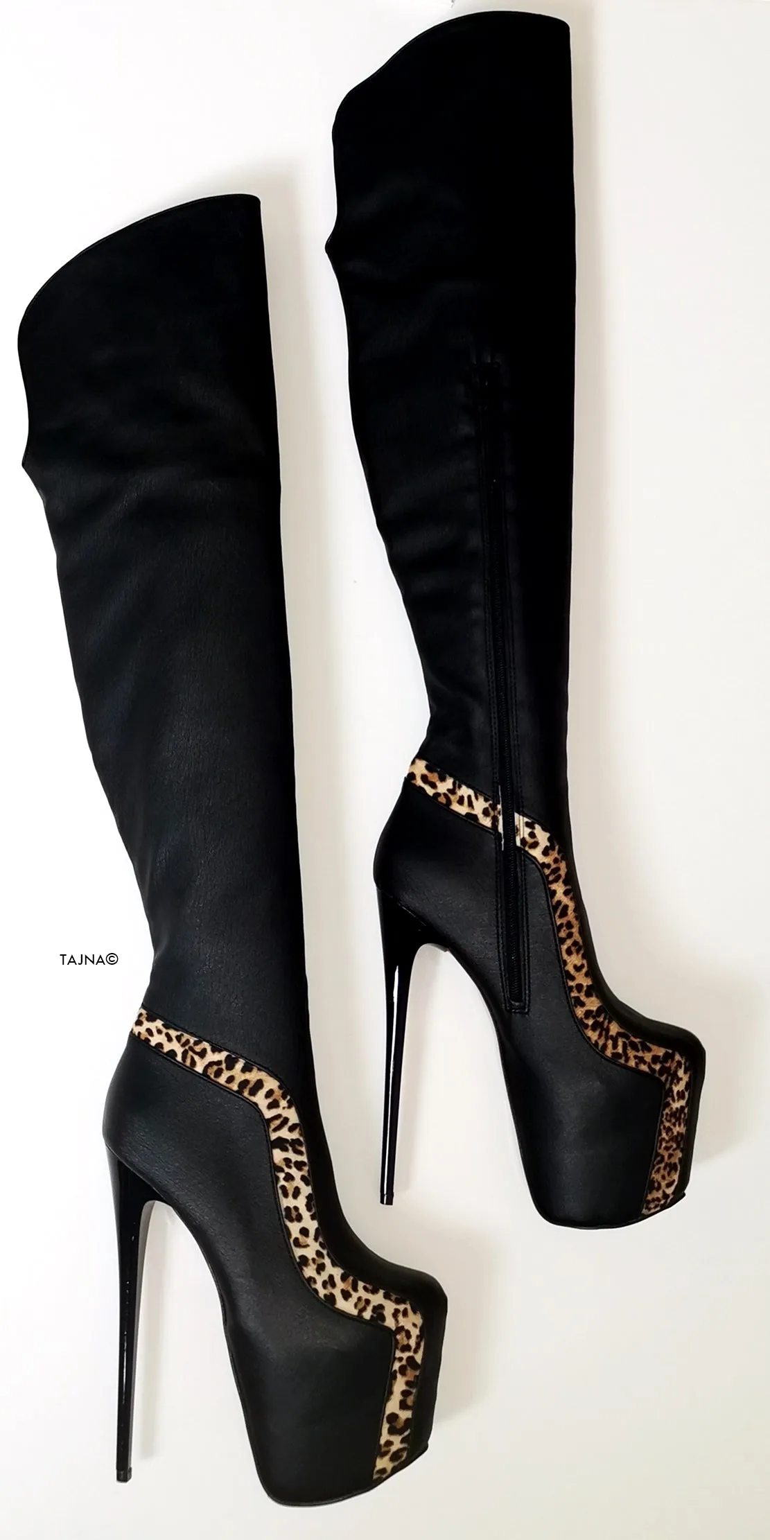 Black Leopard Detail Knee High Boots