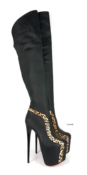 Black Leopard Detail Knee High Boots