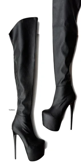 Black Matte Thigh High Pencil Heel Boots