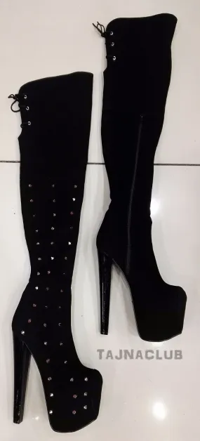 Black Rivet Over the Knee High Heel Platform Boots