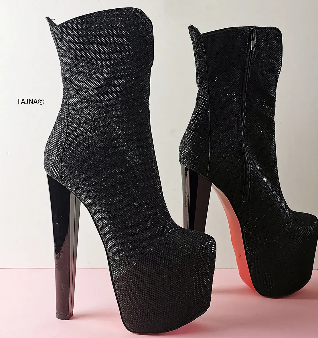 Black Shimmer Chunky Heel Platform Boots