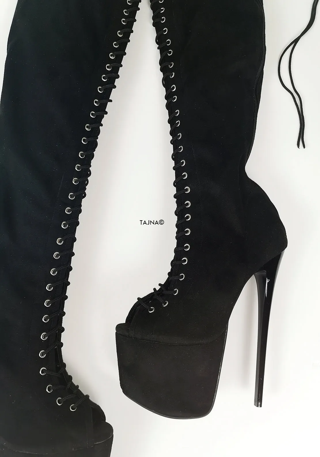 Black Suede Gladiator Lace Up Thigh High Boots