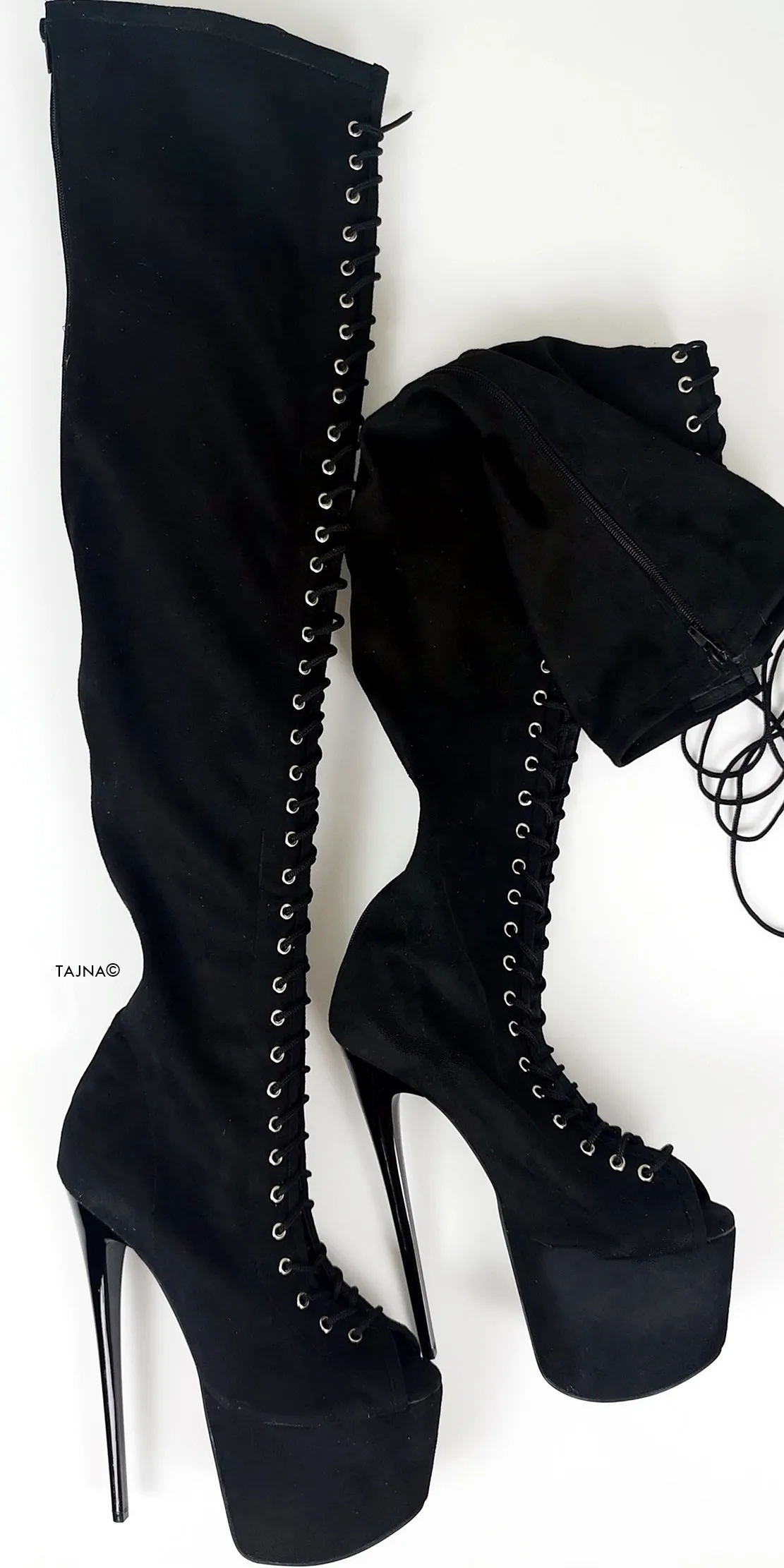 Black Suede Gladiator Lace Up Thigh High Boots