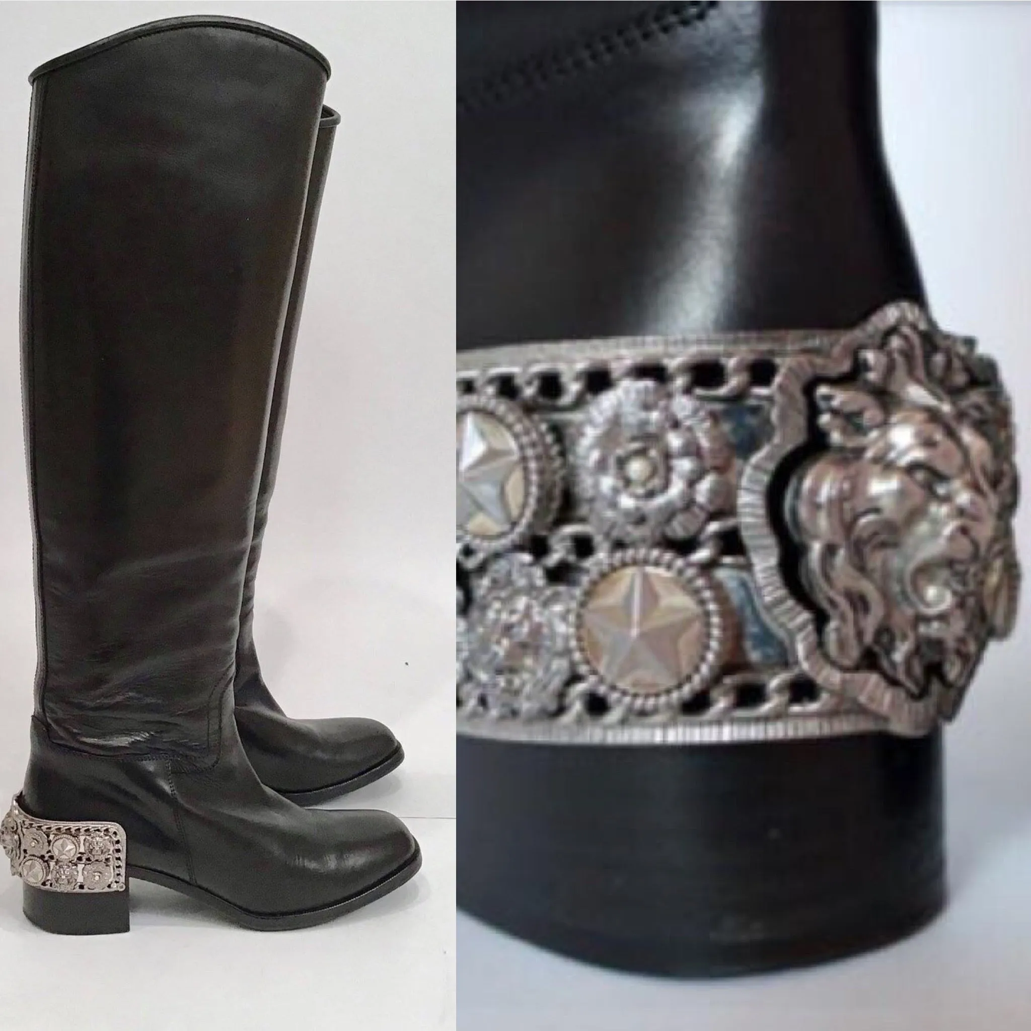 Chanel 07A Paris Monte Carlo Lion Head Icons tall black leather riding boots EU 39.5 US 8.5/9