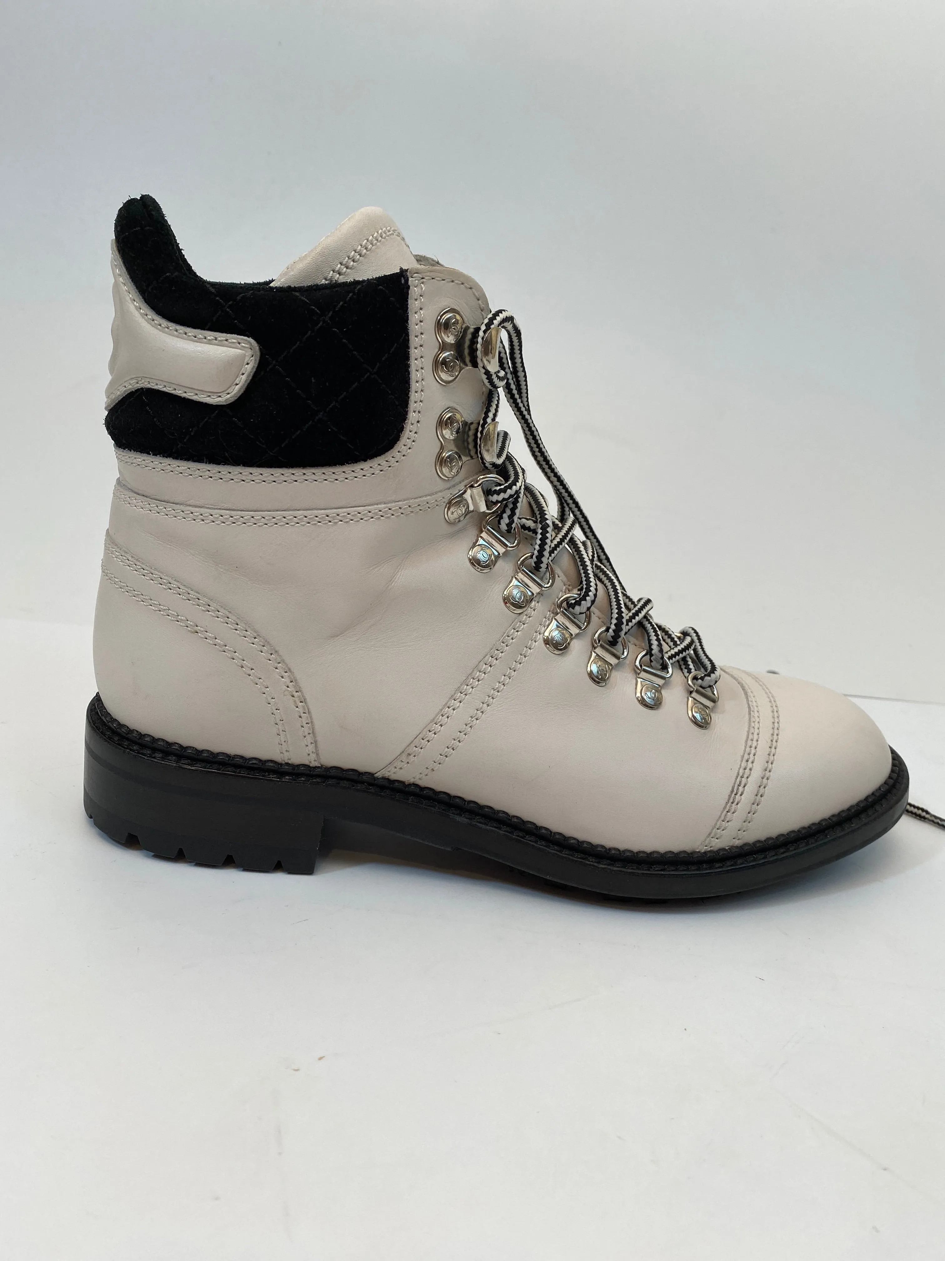 Chanel Black White Logo Lace Up Fall Winter Combat ankle Boots EU 36.5 US 6