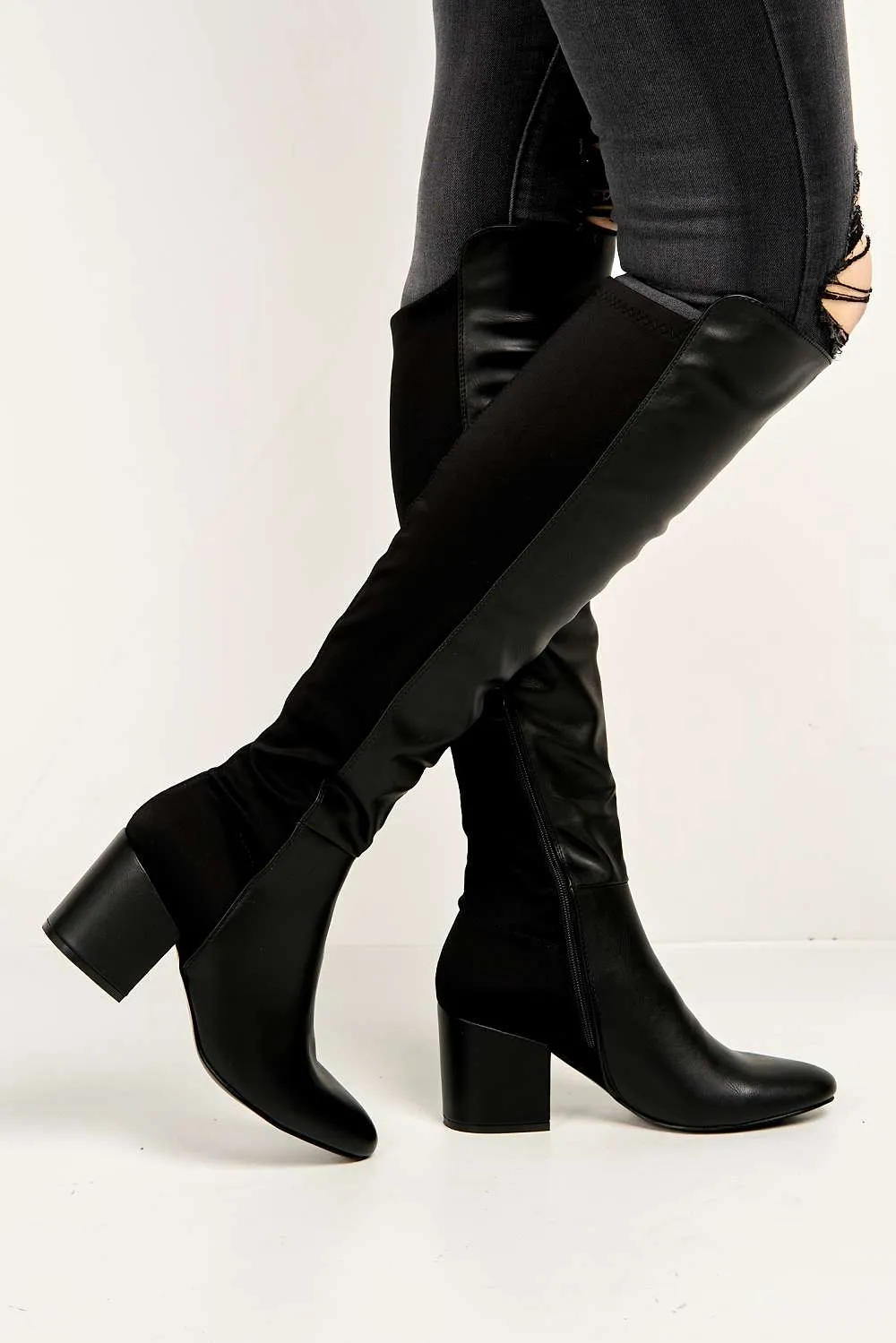 Chrissy Block Heel Over Knee Boots in Black Matt