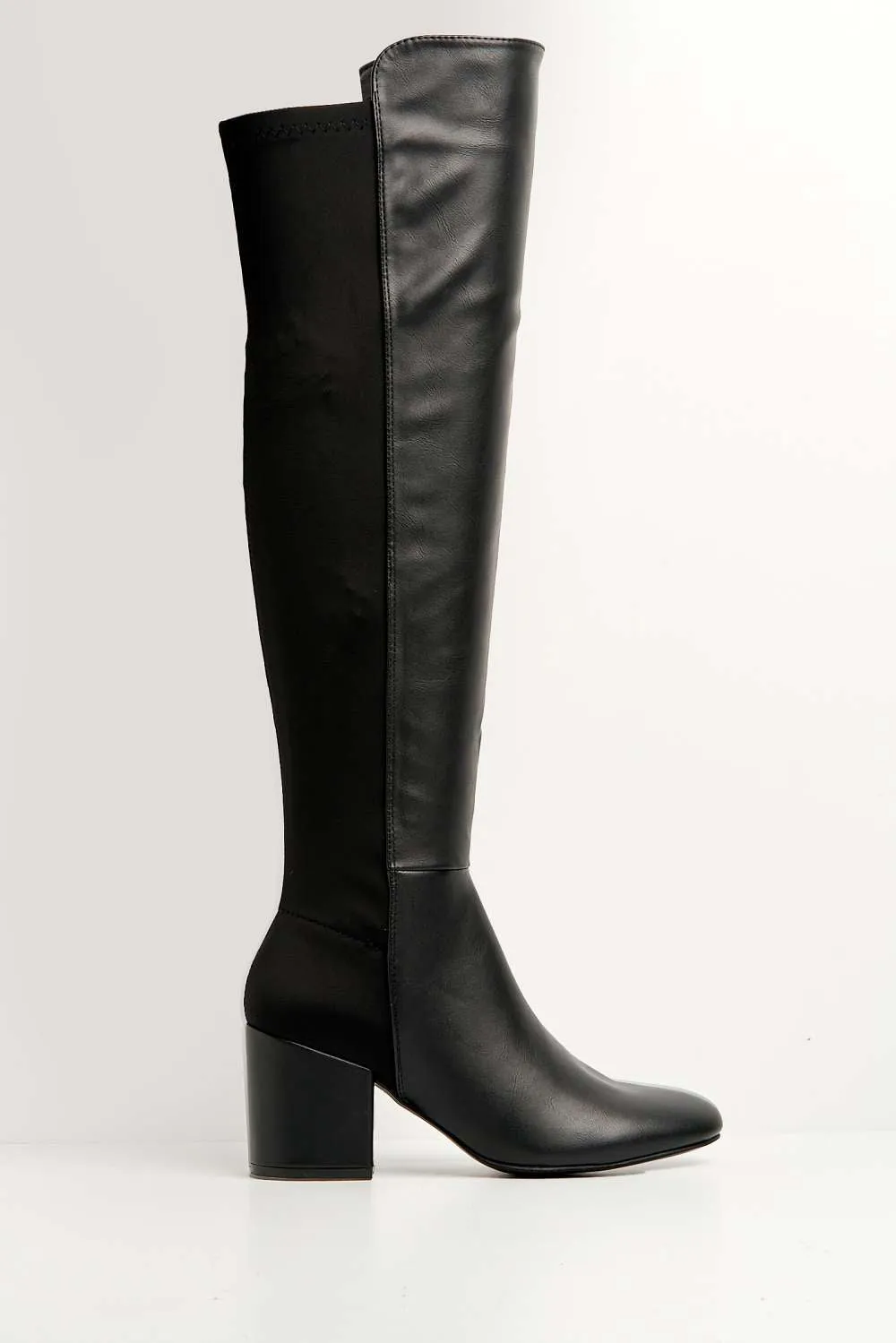 Chrissy Block Heel Over Knee Boots in Black Matt