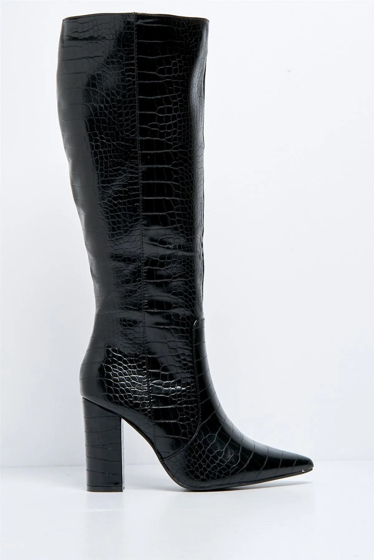 Darya Pointed Toe Knee High Boot with Zip in Black Croc