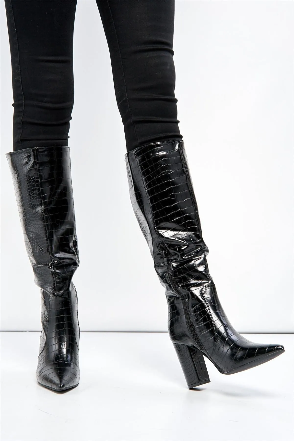 Darya Pointed Toe Knee High Boot with Zip in Black Croc