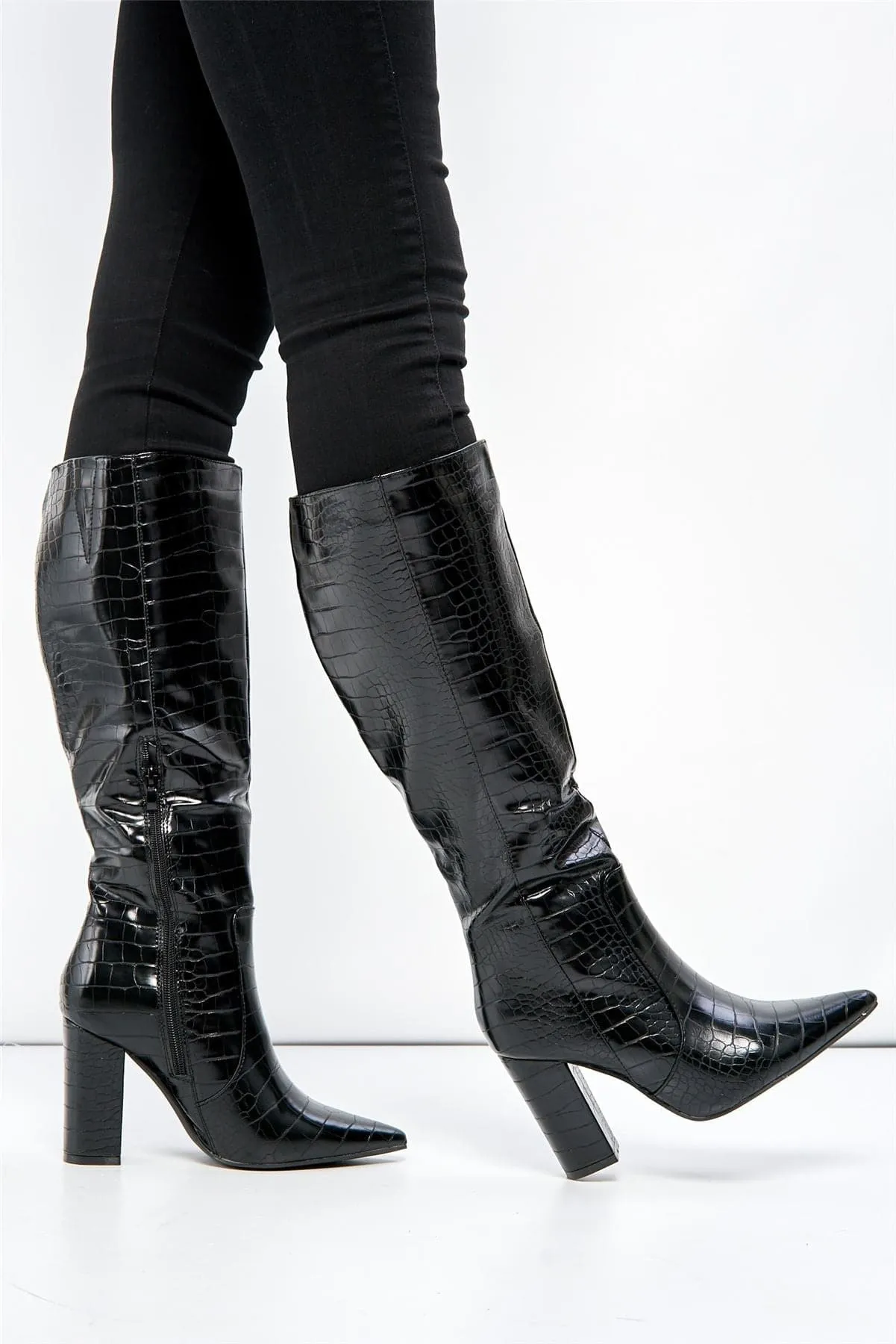 Darya Pointed Toe Knee High Boot with Zip in Black Croc