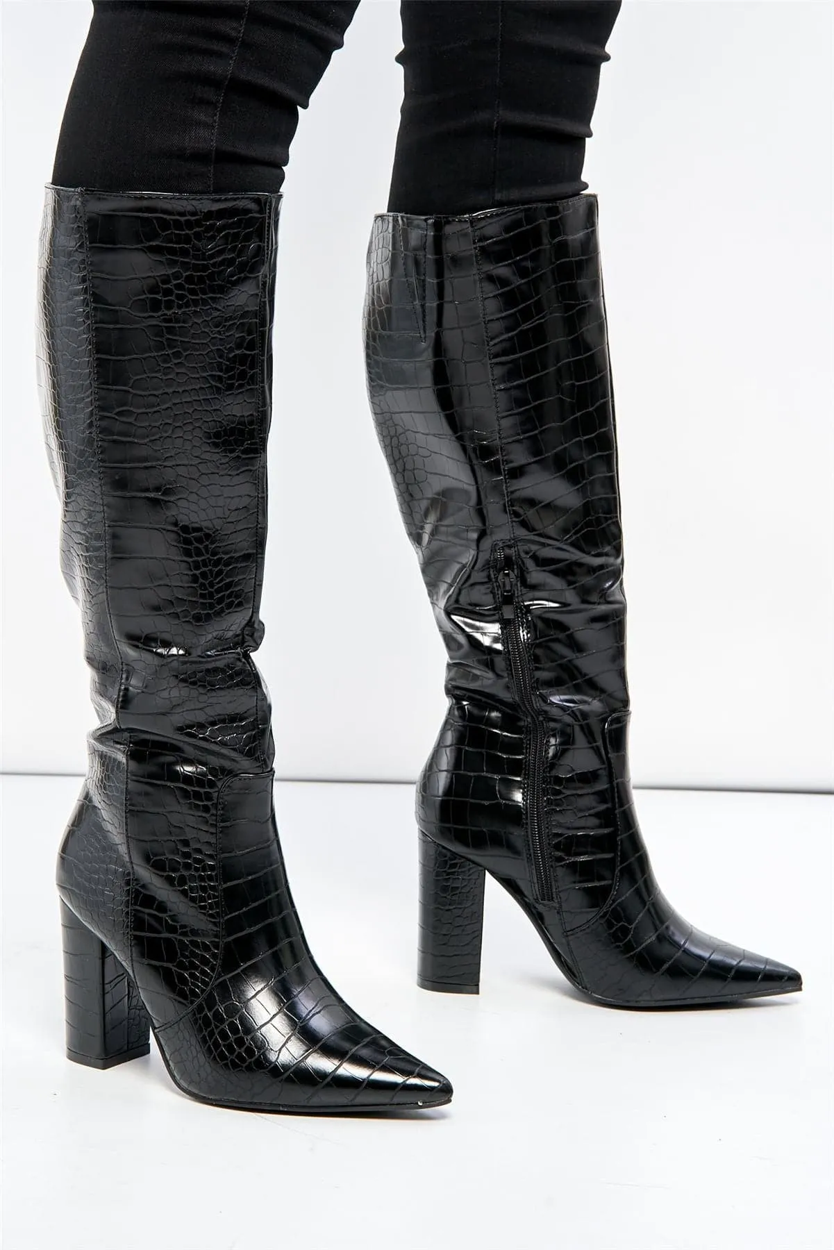 Darya Pointed Toe Knee High Boot with Zip in Black Croc