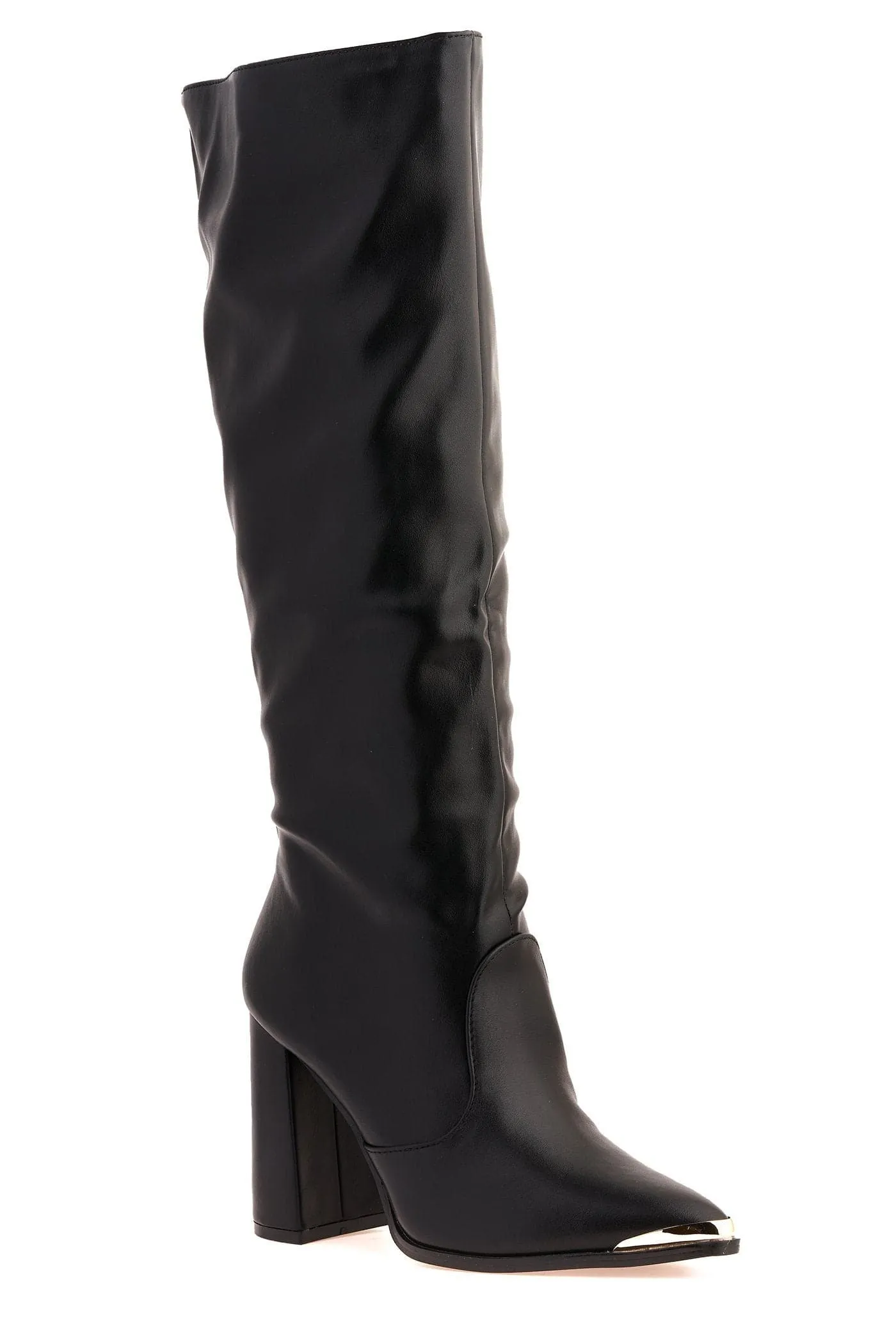 Deena Pointed Toe Gold Trim Knee High Boot in Black