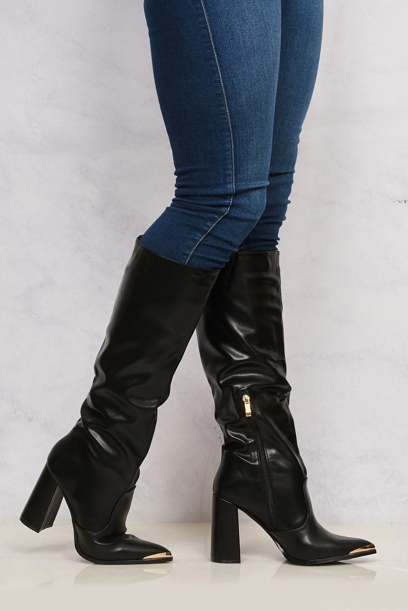 Deena Pointed Toe Gold Trim Knee High Boot in Black