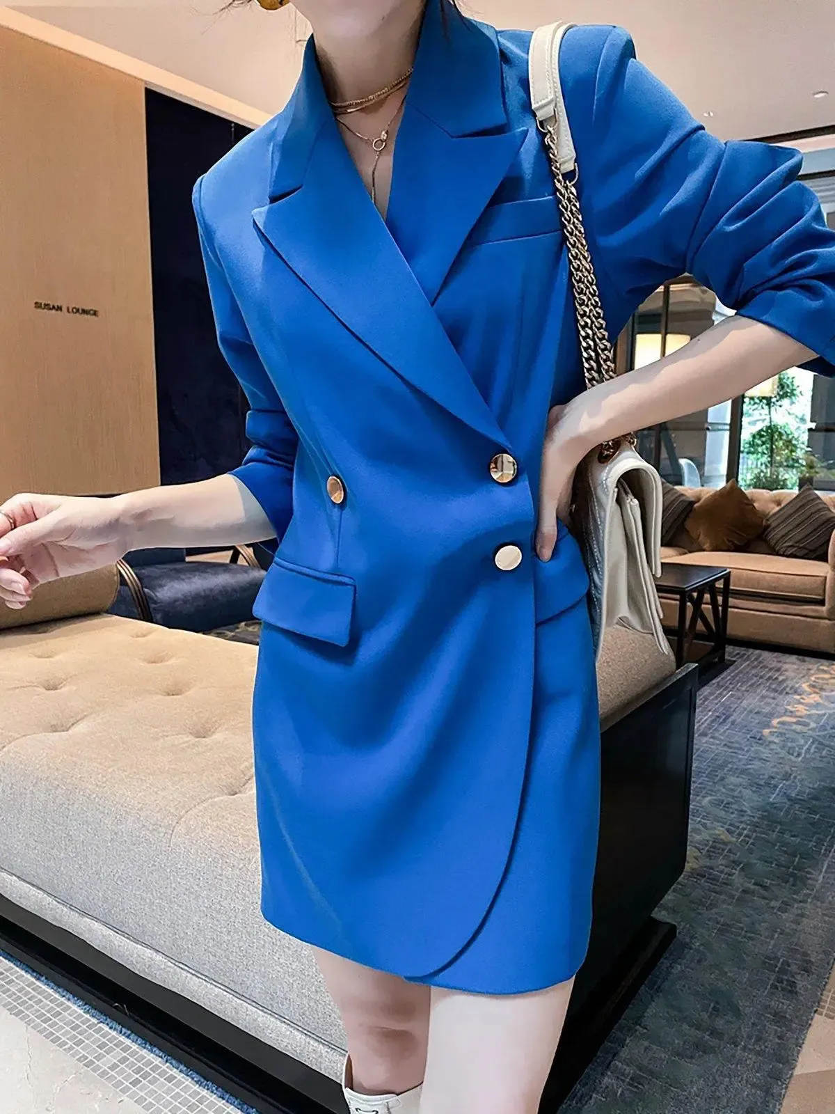 Double Breasted Plicated Thigh Length Blazer