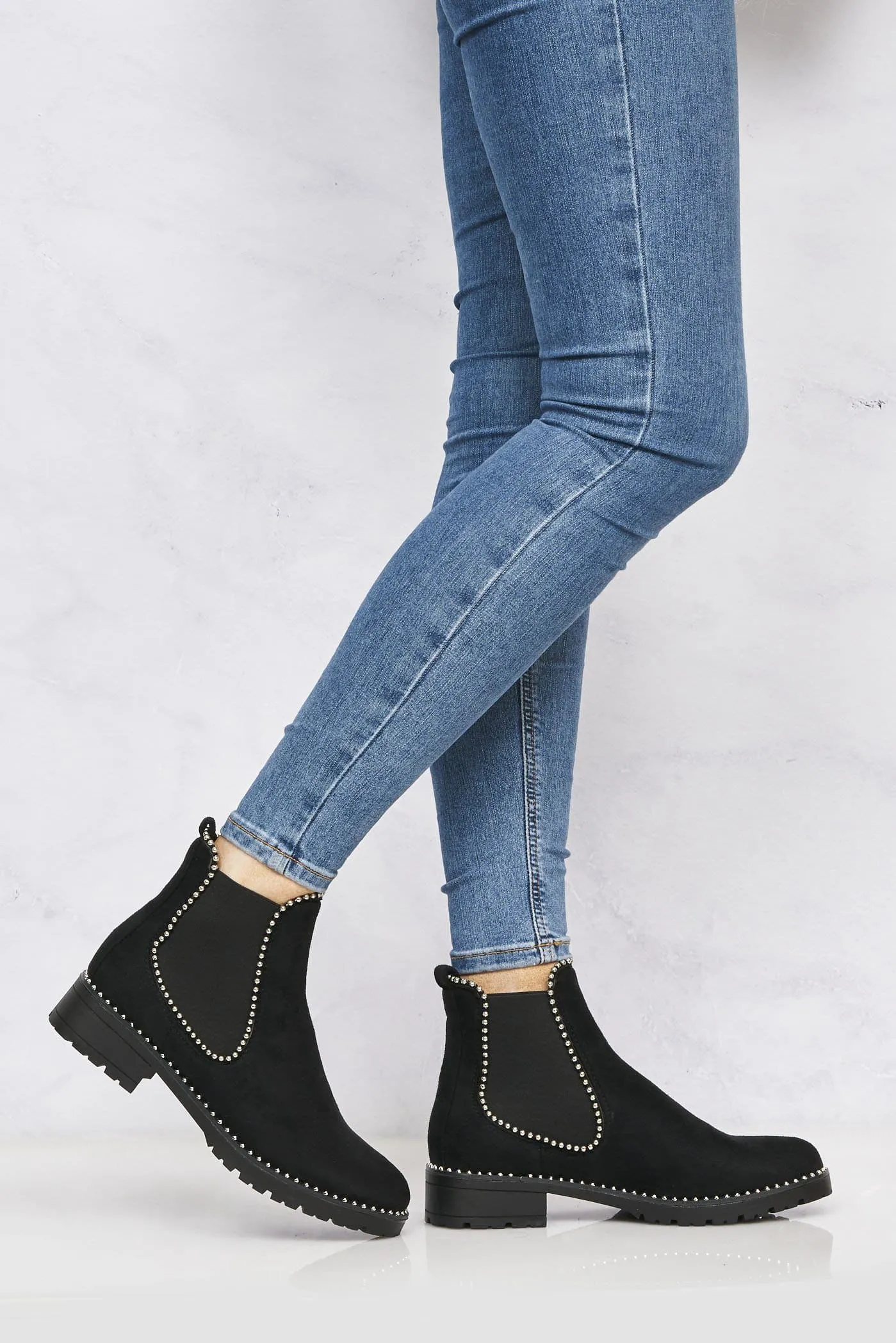 Emma Stud Detailing Sole Ankle Boot in Black Suede