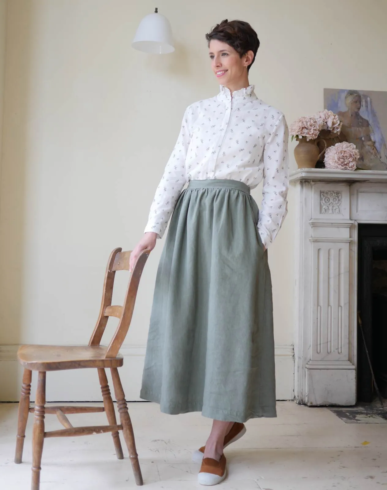 High Waisted Linen Midi Skirt - Olive