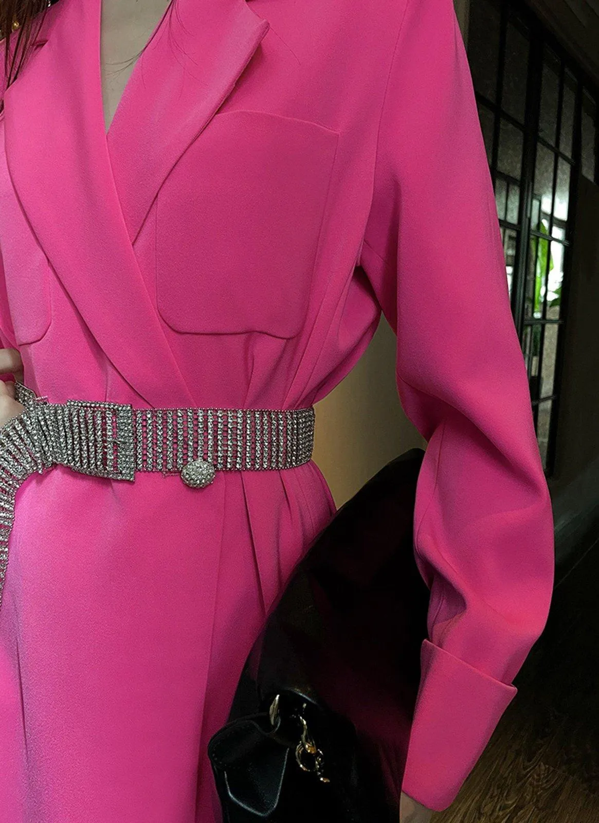 Rhinestone Belt Fuchsia Thigh-length Flare Blazer