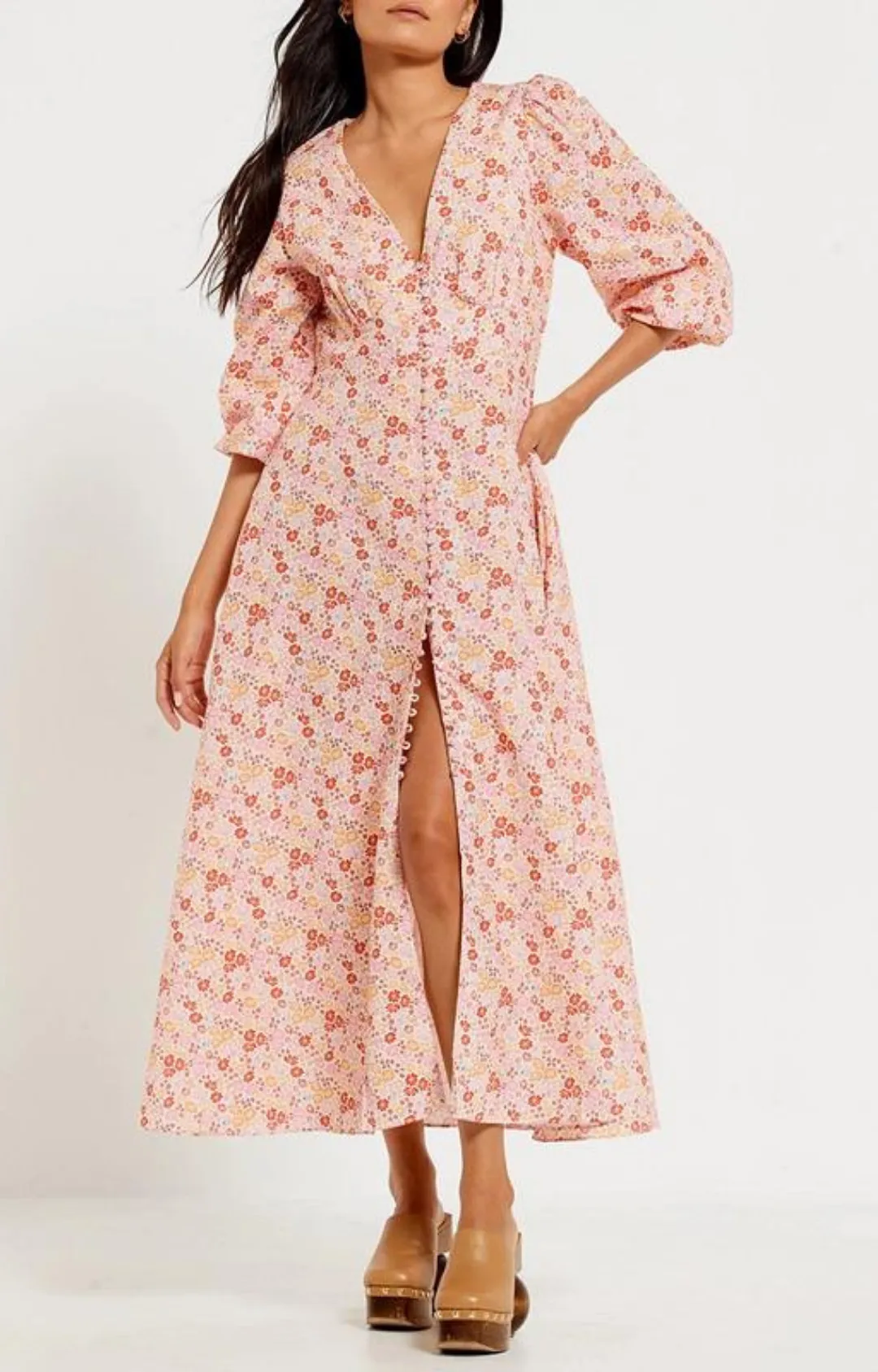 V-Neck Button Front Maxi Dress - Pink Ditsy Floral