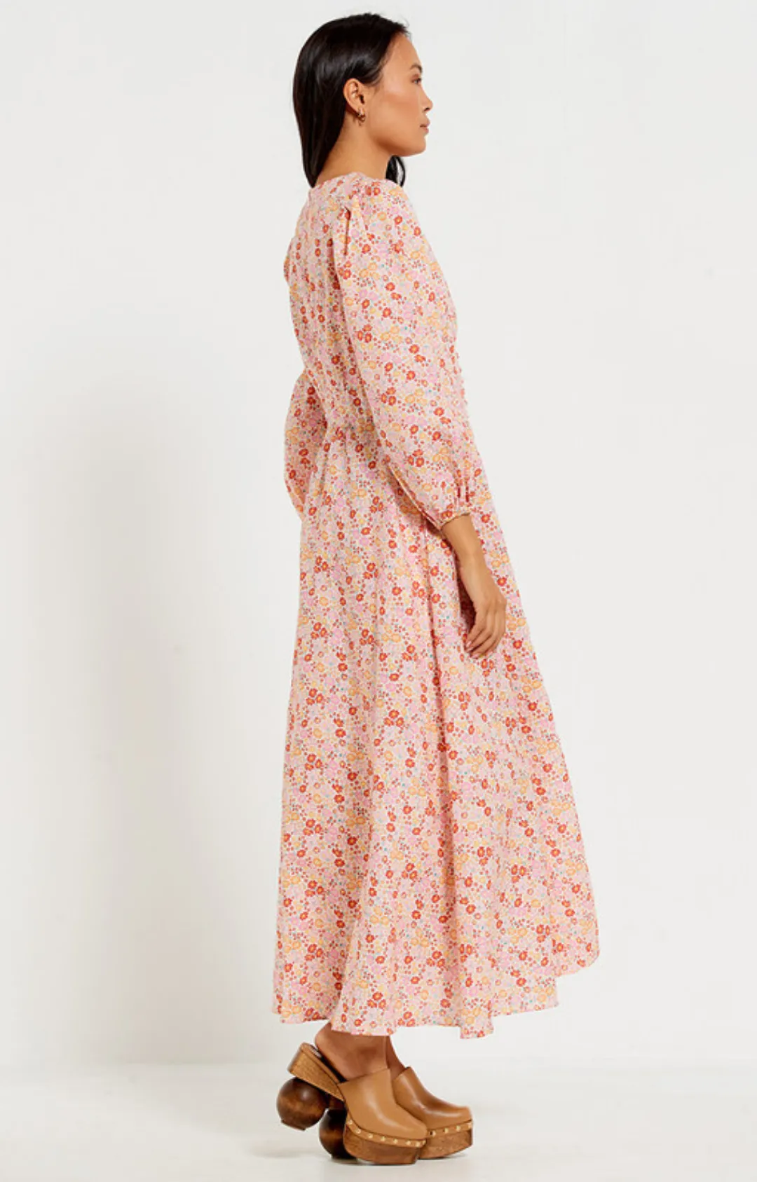 V-Neck Button Front Maxi Dress - Pink Ditsy Floral