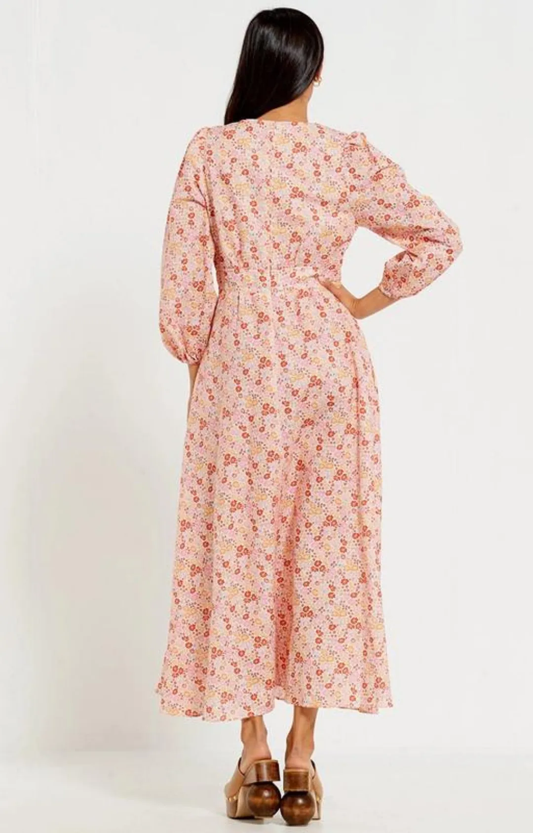 V-Neck Button Front Maxi Dress - Pink Ditsy Floral