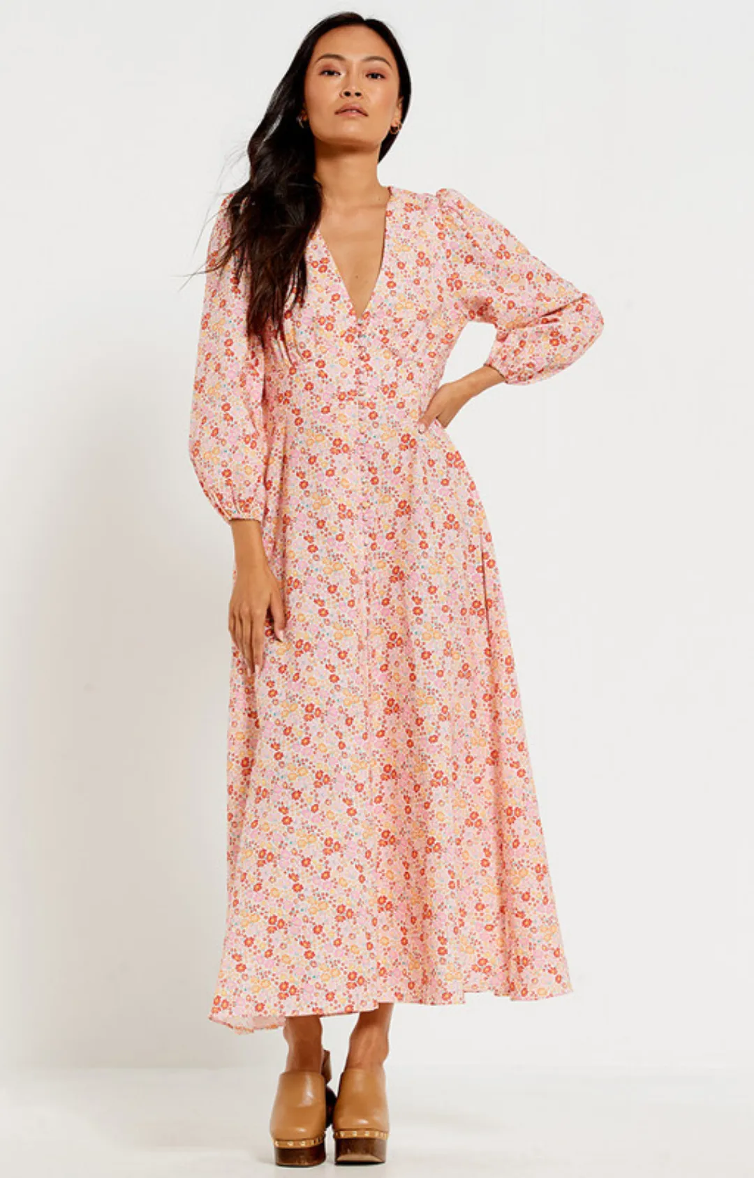 V-Neck Button Front Maxi Dress - Pink Ditsy Floral