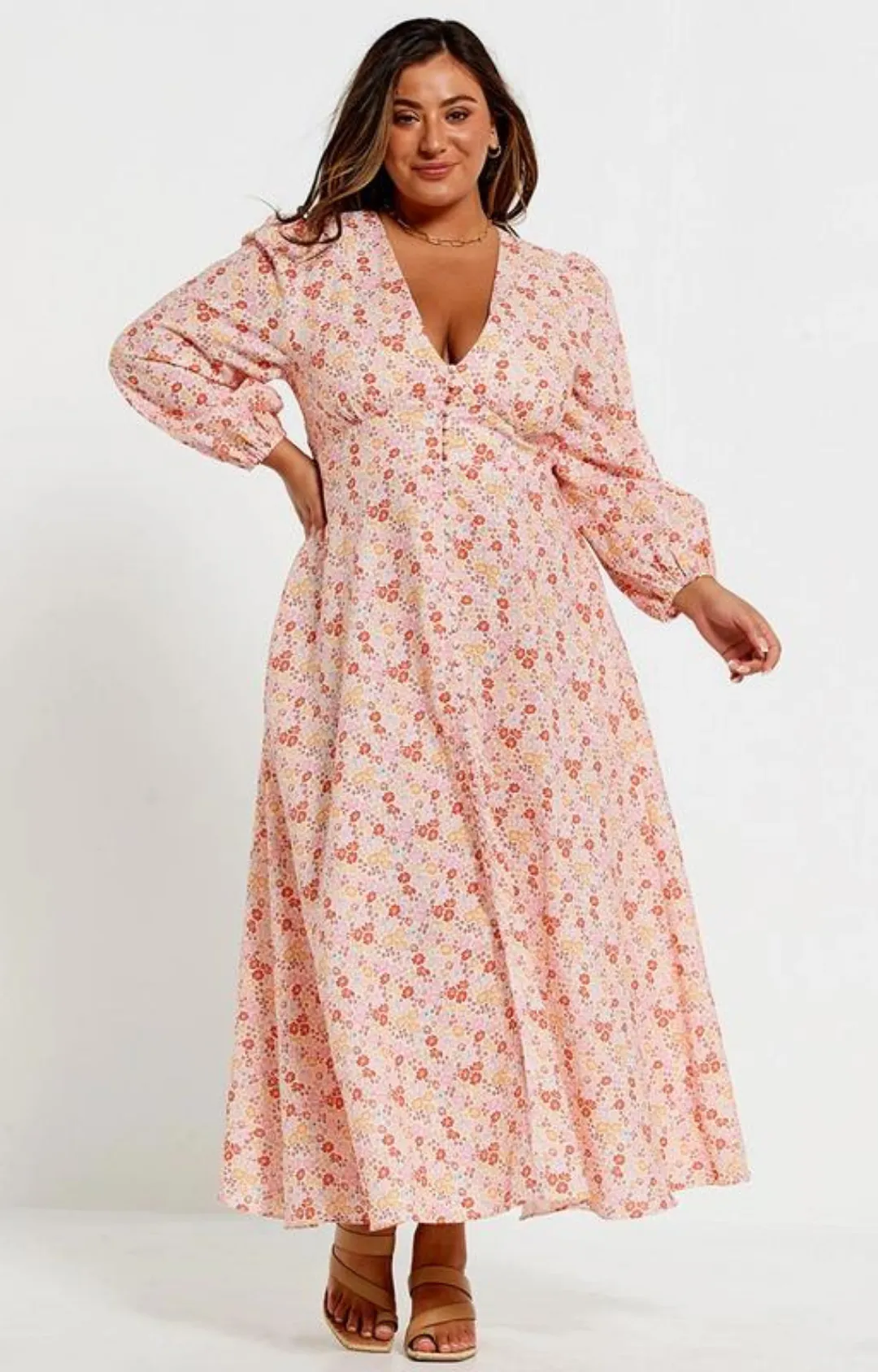 V-Neck Button Front Maxi Dress - Pink Ditsy Floral